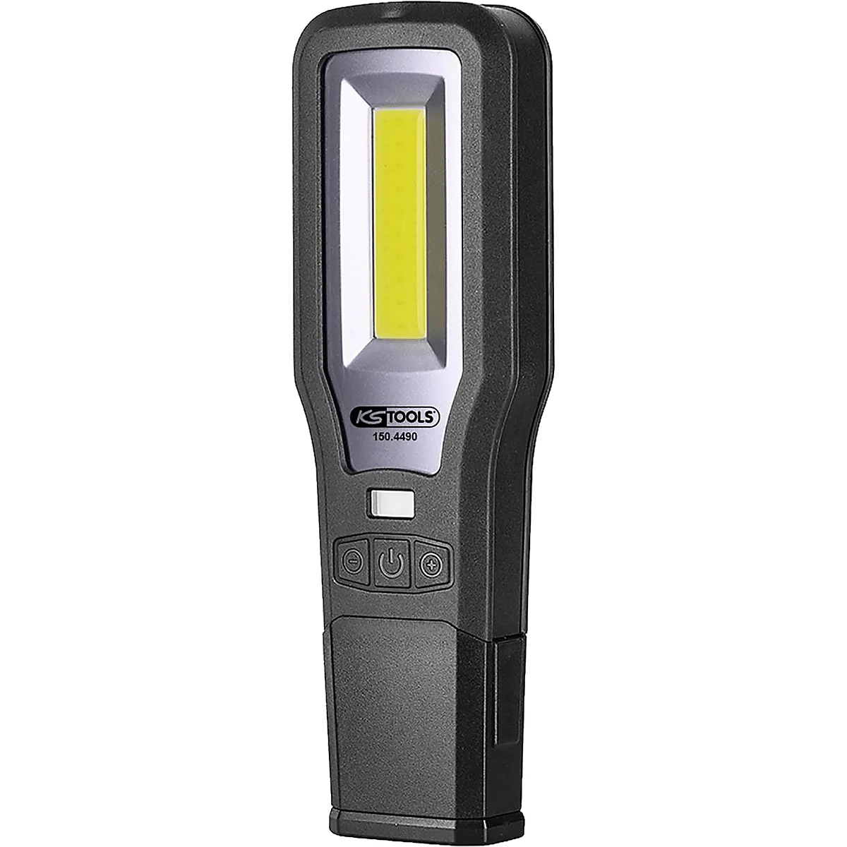 Zwarte LED-werklamp met geel licht, logo van KS TOOLS en bedieningsknoppen.